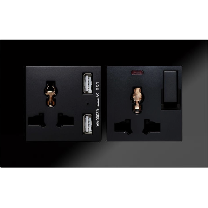 SOL-COV2-GLS-B & SOL-PLG-UNV-B & SOL-PLG-USB-B Sol Black Glass 2 Gang with switch choket LED and USB Charger and choket