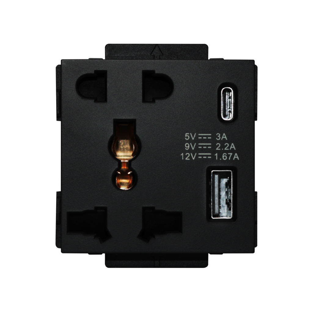 CLK-UNV-USBCA-BLK  13A,220V  Universal socket with 2USB(C+A) 5 Pin (fast charge) Black