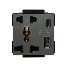 CLK-UNV-USBCA-GRY  13A,220V  Universal socket with 2USB(C+A) 5 Pin (fast charge) gray