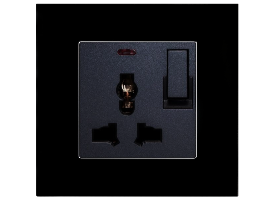 SOL-COV1-GLS-B & SOL-PLG-UNV-B Sol Black Glass 1 Gang Uni switch socket LED