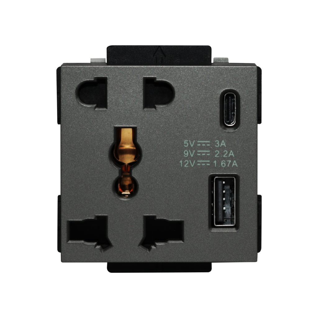CLK-UNV-USBCA-GRY  13A,220V  Universal socket with 2USB(C+A) 5 Pin (fast charge) gray